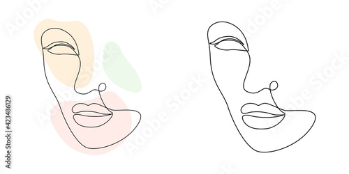 Continuous line art woman face with abstract shapes. Elegant minimalistic portrait for prints, tattoos, posters, textiles, postcards. Vector illustration
