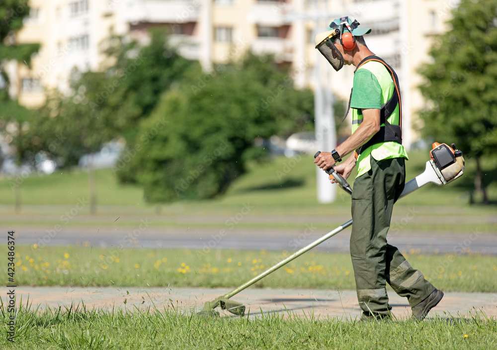 Municipal gardener landscaper man worker cutting grass with string trimmer machine along city street Municipal gardener landscaper man worker cutting grass with string trimmer machine along city street