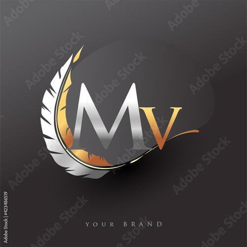Initial letter MV logo with Feather Gold And Silver Color, Simple and Clean Design For Company Name. Vector Logo for Business and Company.
