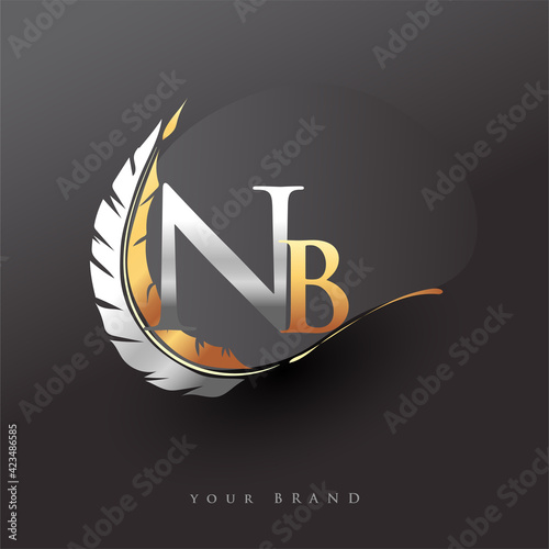 Initial letter NB logo with Feather Gold And Silver Color, Simple and Clean Design For Company Name. Vector Logo for Business and Company.