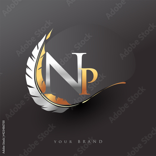 Initial letter NP logo with Feather Gold And Silver Color, Simple and Clean Design For Company Name. Vector Logo for Business and Company.