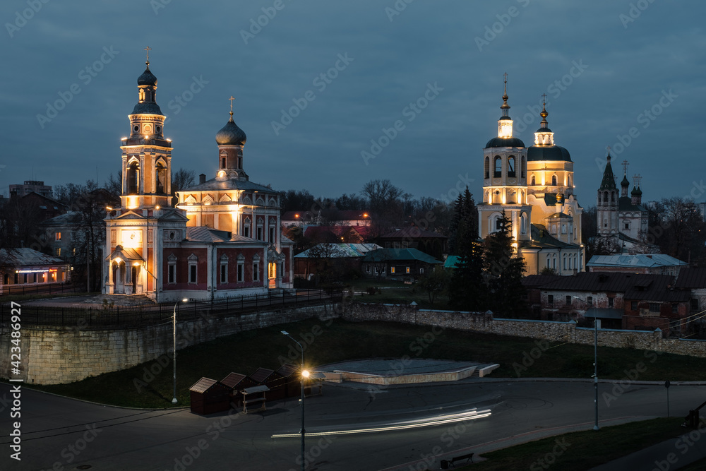 Churches in historical center of Serpukhov at dusk, Moscow oblast, Russia