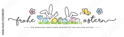 Happy Easter we wish you a holy and blessed Easter on German language handwritten art line design of cute smiling Easter bunny and eggs in grass egg hunt great for Easter Card, banner, wallpapers