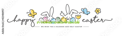 Happy Easter we wish you a holy and blessed Easter handwritten art line design of cute smiling Easter bunny and eggs in grass egg hunt on white background great for Easter Card, banner, wallpapers