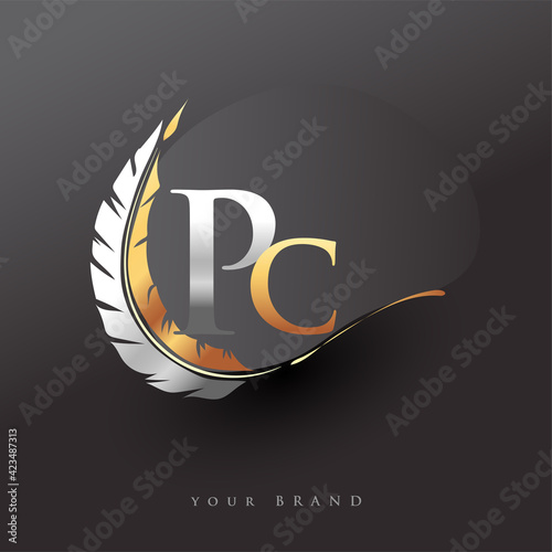 Initial letter PC logo with Feather Gold And Silver Color, Simple and Clean Design For Company Name. Vector Logo for Business and Company.