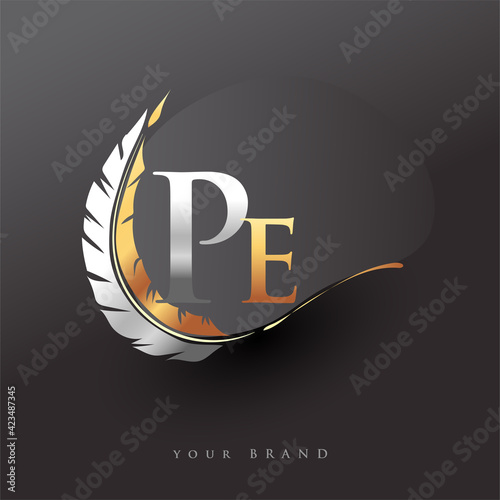 Initial letter PE logo with Feather Gold And Silver Color, Simple and Clean Design For Company Name. Vector Logo for Business and Company.