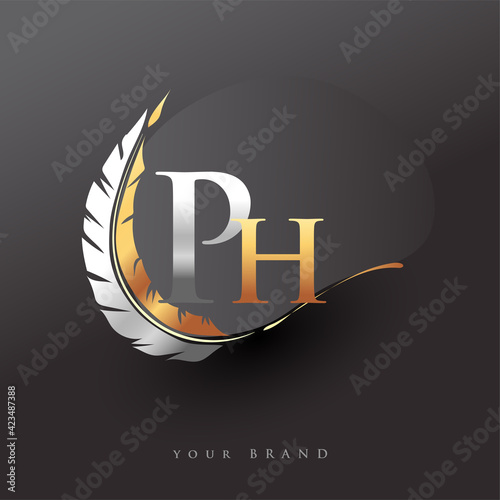 Initial letter PH logo with Feather Gold And Silver Color, Simple and Clean Design For Company Name. Vector Logo for Business and Company.