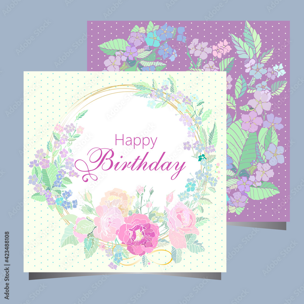 Happy birthday card with spring  flowers on circle