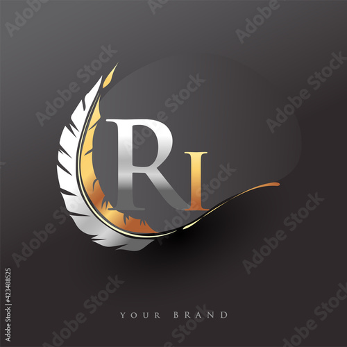 Initial letter RI logo with Feather Gold And Silver Color, Simple and Clean Design For Company Name. Vector Logo for Business and Company.