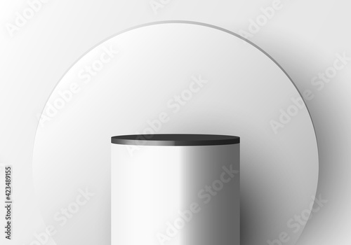 3D realistic white pedestal with black border and circle backdrop for product display.