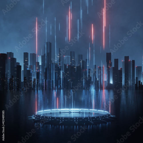 3D Rendering of futuristic sci fi circle pedestal with led warp beam light on reflection floor and mega city at night background. For hi tech product display, big data, computer hardware, ai, crypto photo