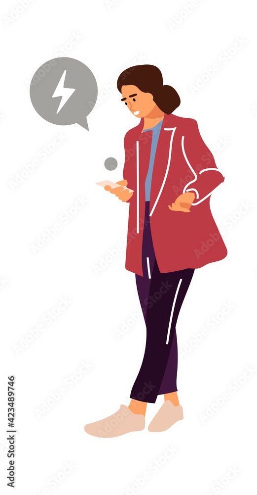 Woman with gadget. Cartoon female holding smartphone. Young character walking. Upset girl using mobile and sending message. Depleted phone battery. Vector device with lightning bolt sign Woman with gadget. Cartoon female holding smartphone. Young character walking. Upset girl using mobile and sending message. Depleted phone battery. Vector device with lightning bolt sign