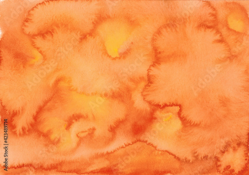 Beautiful red orange abstract background. Drawn, hand painted aquarelle. Wet watercolor pattern. Artistic background with copy space for design. Vivid web banner. Liquid, flow, fluid effect.