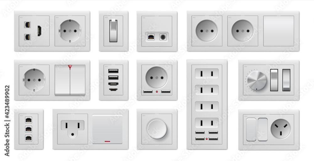 Socket and switch. Realistic electric power supply, on and off buttons