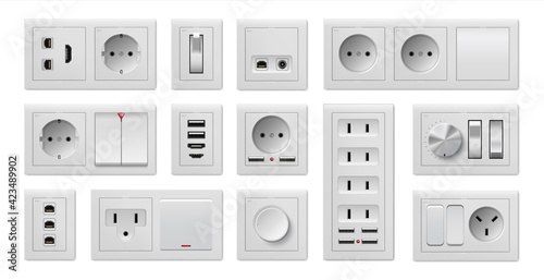 Socket and switch. Realistic electric power supply, on and off buttons or USB ports. 3D connectors for different plugs types. Vector square wall furniture set for connecting to circuit