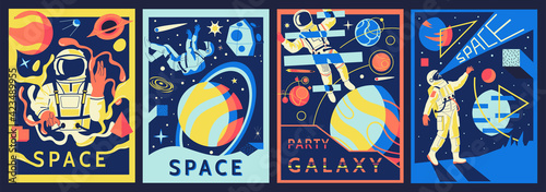 Futuristic astronaut posters. Cosmonaut in outer space. Abstract banners set with psychedelic shapes and universe explorers. Colorful spacecraft and planets. Vector cosmic adventure