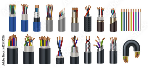 Realistic wires. Flexible electric cables with different isolation types. 3D coaxial bundles of twisted colorful power cords. Stranded electrical conductors with metal core, vector set photo