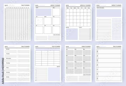 Organizer. Planner blank pages, business diary and daily to do list. Paper sheets for writing goals for week and month. Reminders template with copy space. Vector set for scheduling