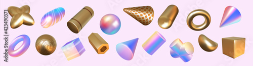 Render shapes. Abstract geometric holographic or golden minimal elements. 3D rainbow and metallic figures set. Glossy cubes, cylinders and spheres. Vector forms with color gradient