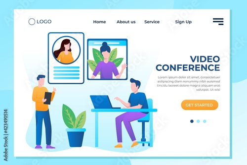 Video conference landing. People on computer screen taking with colleague. Videoconferencing and online meeting workspace vector page