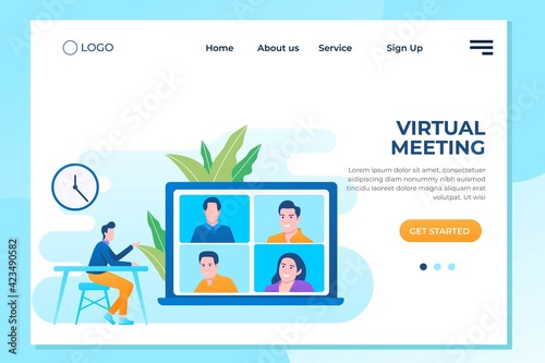 Video conference landing. People on computer screen taking with colleague. Videoconferencing and online meeting workspace vector page