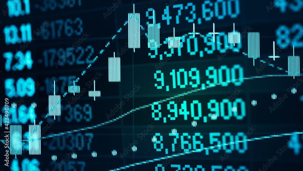 Obraz premium Financial data in term of a digital prices on LED display. A number of daily market price and quotation of prices chart to represent candle stick tracking in Forex trading.