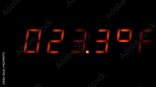 Red LED temperature display going from 32 degrees to negative 459.6 degrees fahrenheit (freezing point of water to absolute zero)