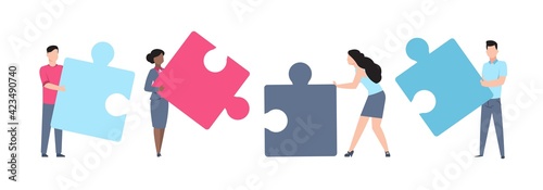 Business teamwork. Cartoon men and women holding puzzle. Employees working together. People teamed up to solve jigsaw. Collaboration and partnership, vector collective brainstorming