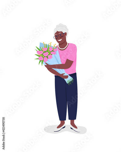 Happy mature african american woman with flowers flat color vector detailed character. Granny with bouquet. Mothers day isolated cartoon illustration for web graphic design and animation