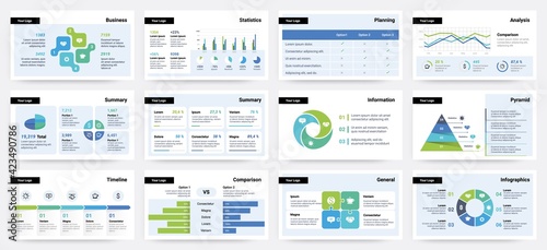 Presentation slide. Business project report visualization, pages with statistic and analytic information. Diagrams or infographics for data comparison. Timeline flowchart, vector set photo