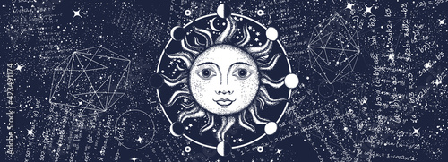 Medieval sun in universe. Black and white surreal graphic. Symbol of education, knowledge, dream, imagination