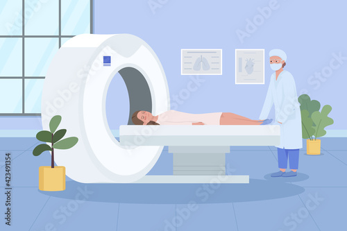 MRI scanning flat color vector illustration. Healthcare monitoring. Disease diagnostic. Ultrasound technology. Patient visiting doctor 2D cartoon characters with interior on background