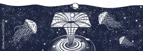 Black hole in universe. Black and white surreal graphic. Symbol of gravity, new horizons, astronomy