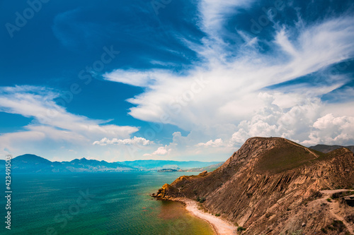 Beautiful bay with turquoise water and mountains. Summer landscape. Eastern coast of Crimea peninsula