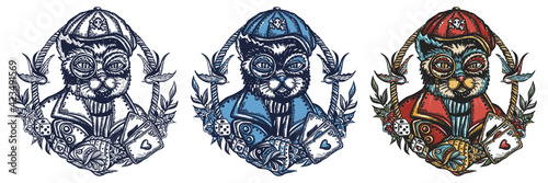 Funny sailor cat. Kitten pirate. Sea adventure animals. Old school tattoo vector art. Hand drawn cartoon character set. Isolated on white