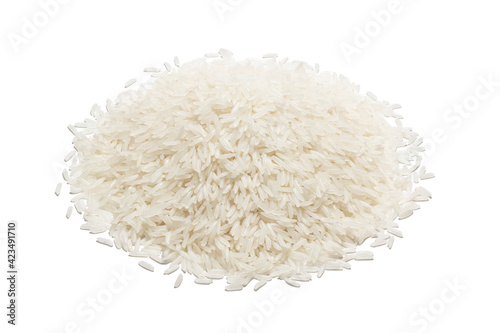 Pile of white rice. Macro of natural rice realistic closeup photo image. Close up of long rice grains can use for background and texture.