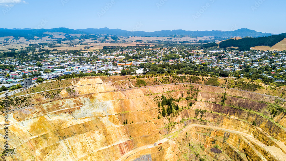 Aerial view of an old mine. Waihi, New Zealand.
