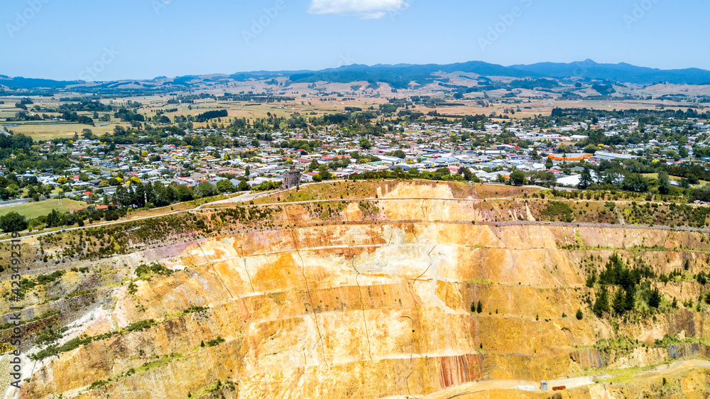 Aerial view of an old mine. Waihi, New Zealand.