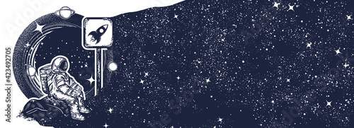 Astronaut in space and night sky. Black and white surreal graphic. Symbol of startup, universe, dream, imagination