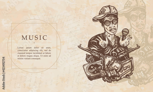 Music. Hip hop man. Rap battle art. Cool rapper in baseball cap, guns, audio type. Gangster from ghetto. African American teenager musician, portrait. Renaissance background. Medieval manuscript style