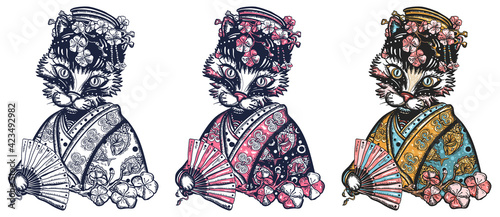 Asian kitty geisha princess. Funny oriental cat. Old school tattoo vector art. Hand drawn cartoon character set. Isolated on white