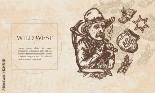 Wild West. Gold digger. Old cowboy in hat. Renaissance background. Medieval manuscript, engraving art