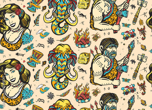 Cave man neanderthal, hunting mammoth, prehistoric woman. Neolithic and epipaleolithic people background. Homo sapiens evolution art. Stone age seamless pattern. Old school tattoo vector style