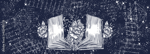 Open book in universe. Black and white surreal graphic. Symbol of learning, education, knowledge, science, dream and imagination