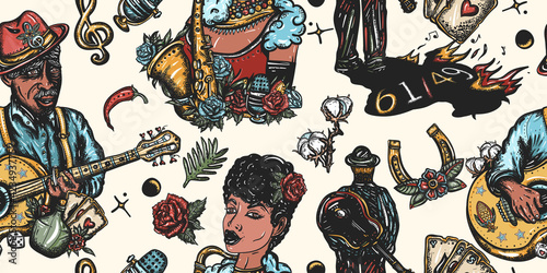 Blues and jazz. Music pattern. Elderly Afro American bluesman playing slide guitar. Beautiful black woman and saxophone. Old school tattoo style. Musical legend. Crossroads and devil