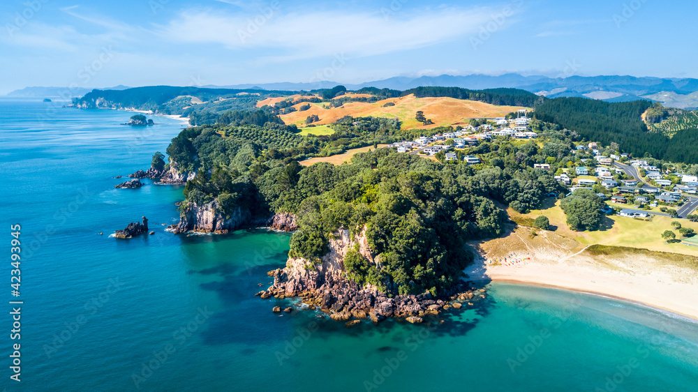 Aerial view of a beautiful harbour with rocky coastline. Coromandel, New Zealand.