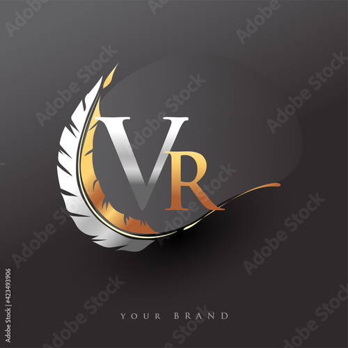 Initial letter VR logo with Feather Gold And Silver Color, Simple and Clean Design For Company Name. Vector Logo for Business and Company.
