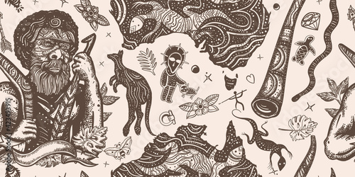 Australia vintage horizontal seamless pattern. Ethnic Australian aboriginal tribes bushmen. Boomerang, rock painting, kangaroo, map. Retro old school tattoo vector background