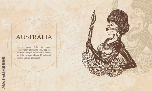 Australia. Australian ethnic tribe aboriginal woman. Ancient warrior girl. Renaissance background. Medieval manuscript, engraving art