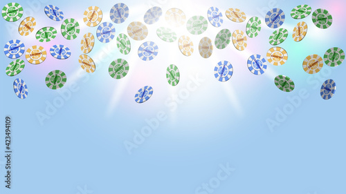 Casino 3D chips are falling from above against a bright radiant blue background. 10000, 50000 and 100000 dollars denomination